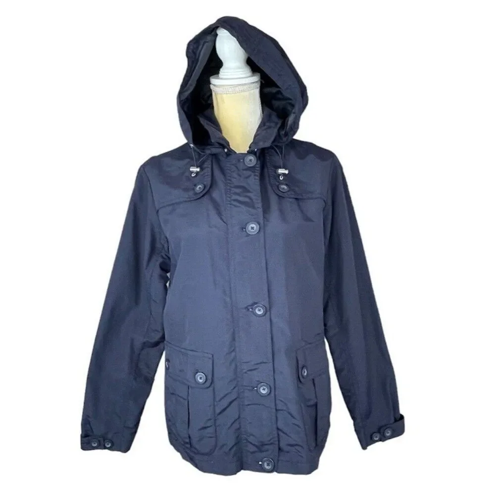 Lands’ End Women’s Hooded Rain Windbreaker Jacket Coat Small S 6-8 Navy Nylon